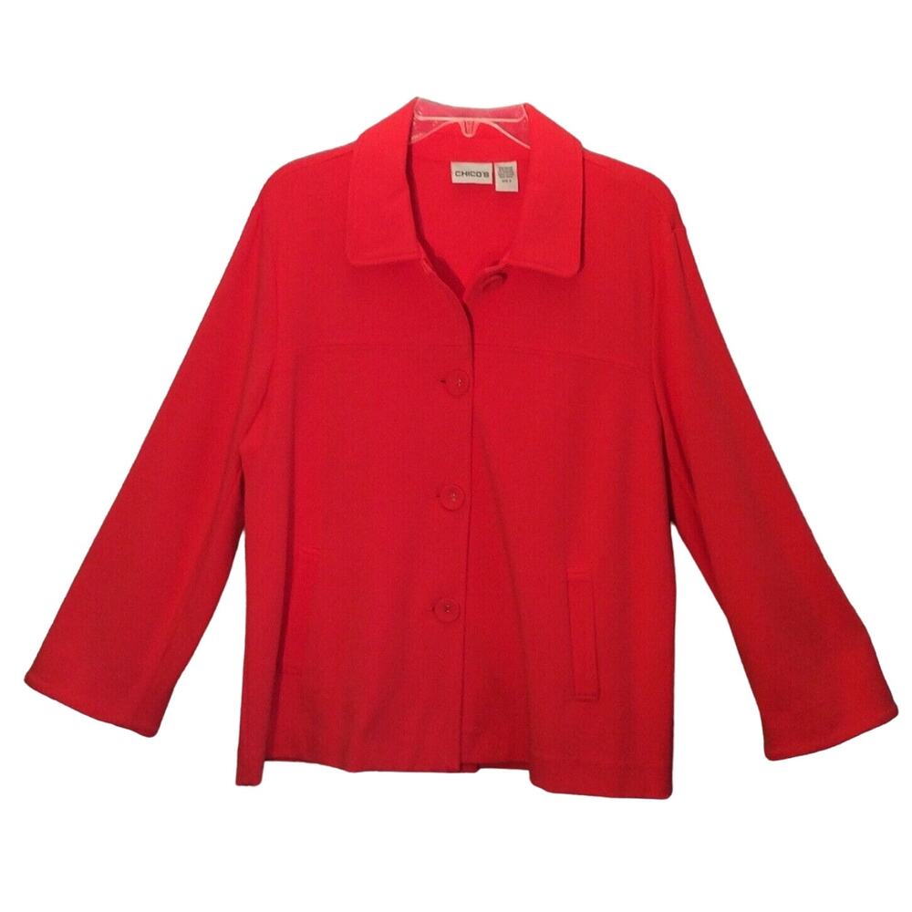 Chico’s Women’s Blazer Coral Size 2 Covered Buttons Pockets 3/4 Slvs Back Pleat